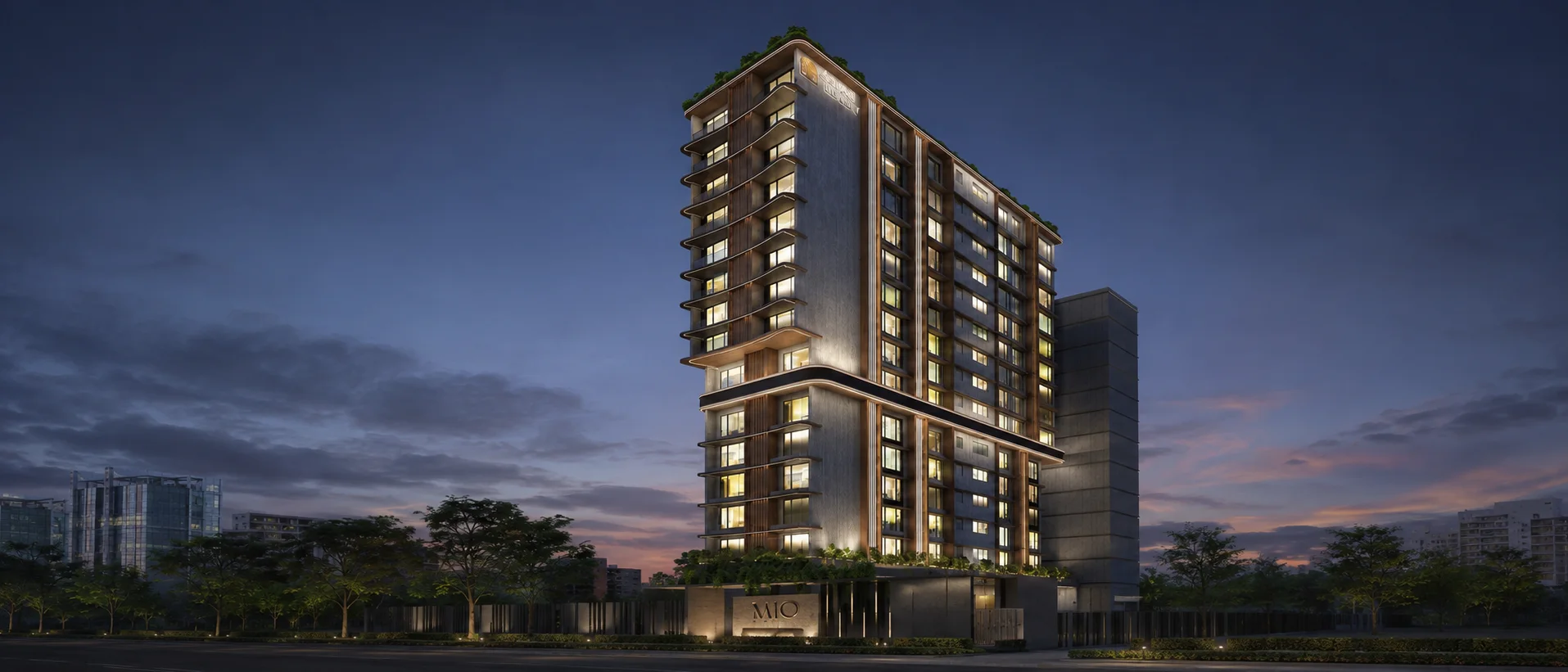 MIO Solace residential elevation in Khar West at dusk